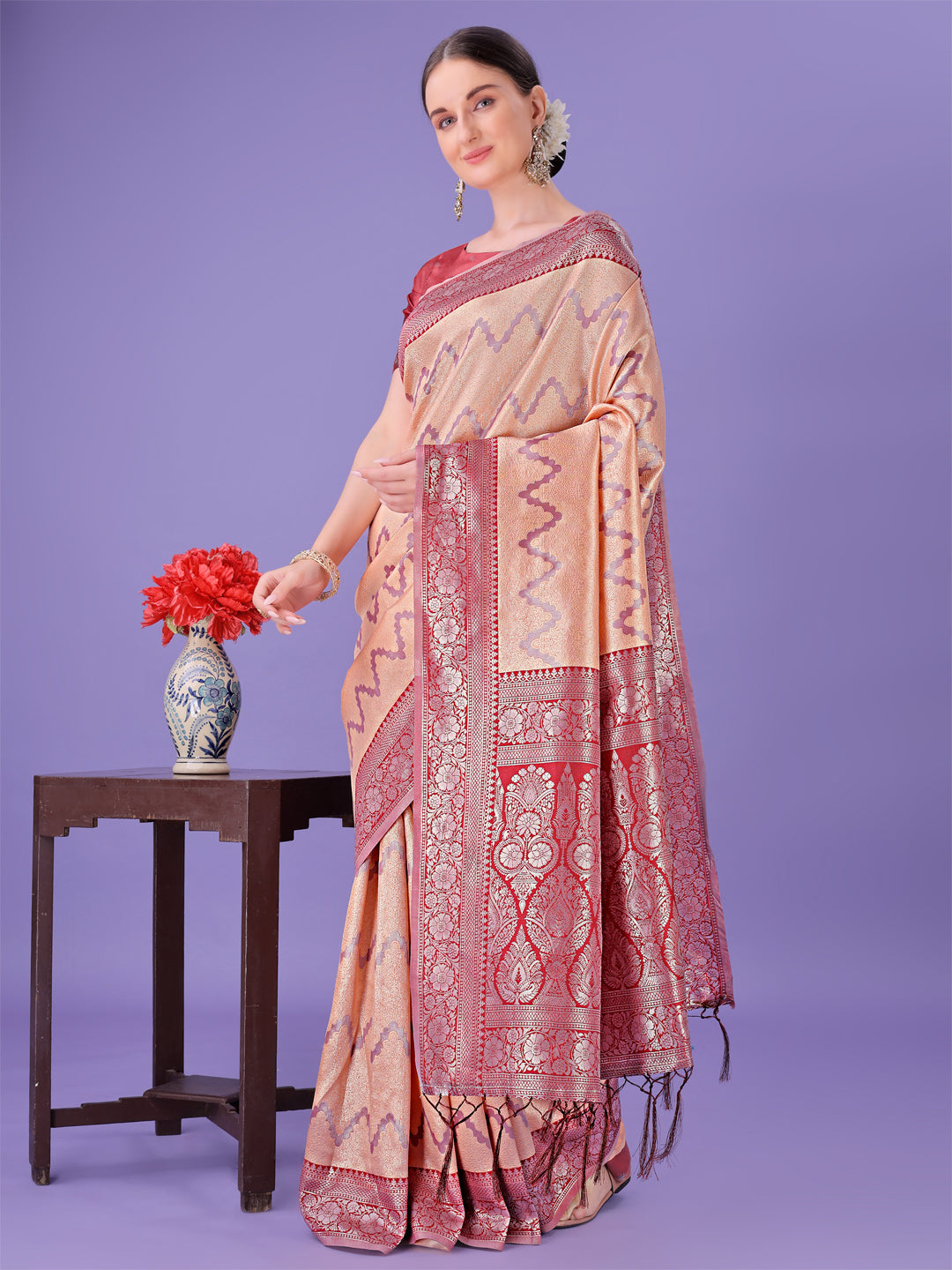 Astita Peach & Red Lichi Silk Saree with Rich Woven Border and Zigzag Pattern - Wedding & Festive Wear - Distacart