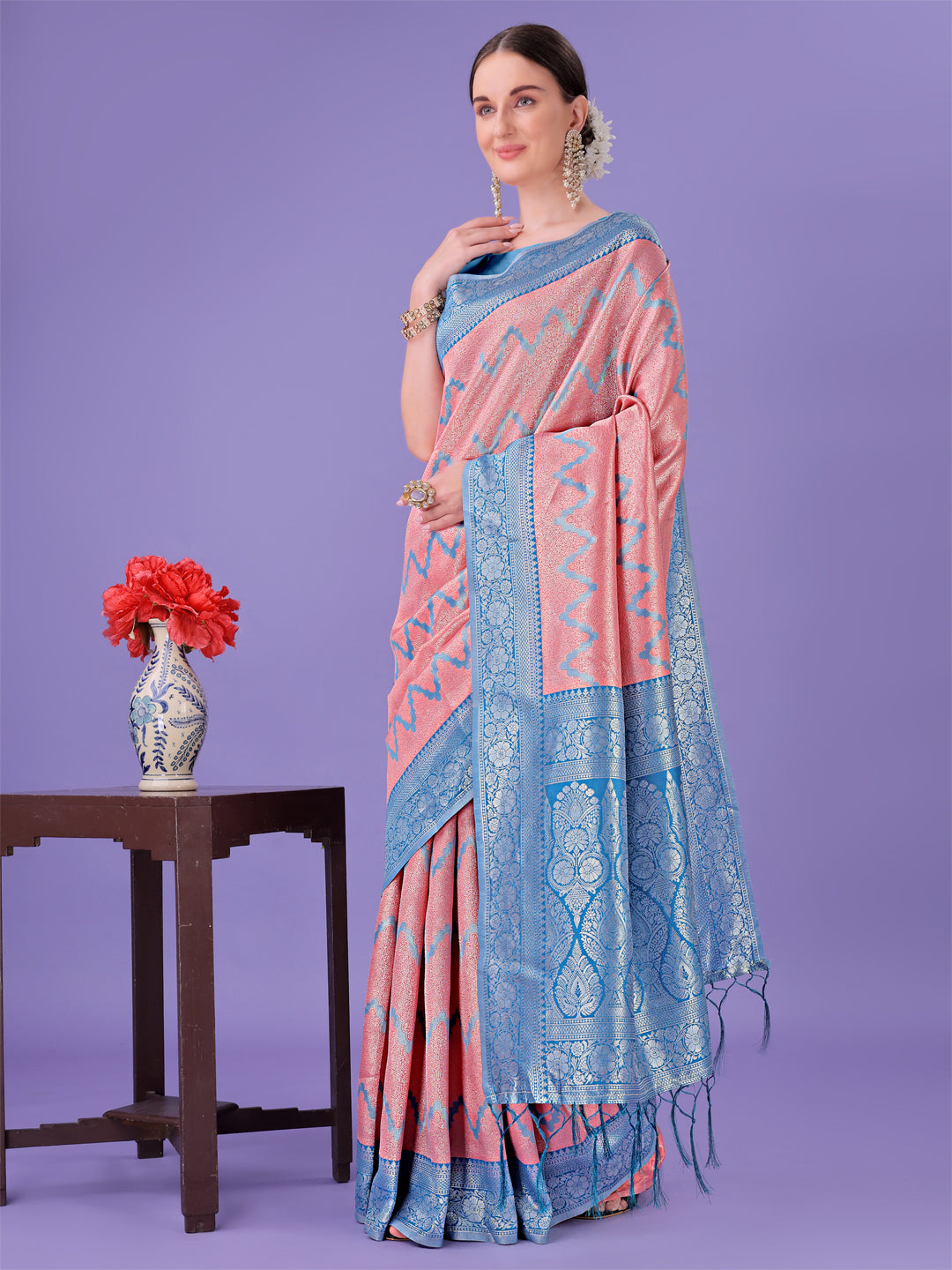 Astita Peach & Blue Lichi Silk Saree with Rich Woven Border and Zigzag Pattern - Wedding & Festive Wear - Distacart