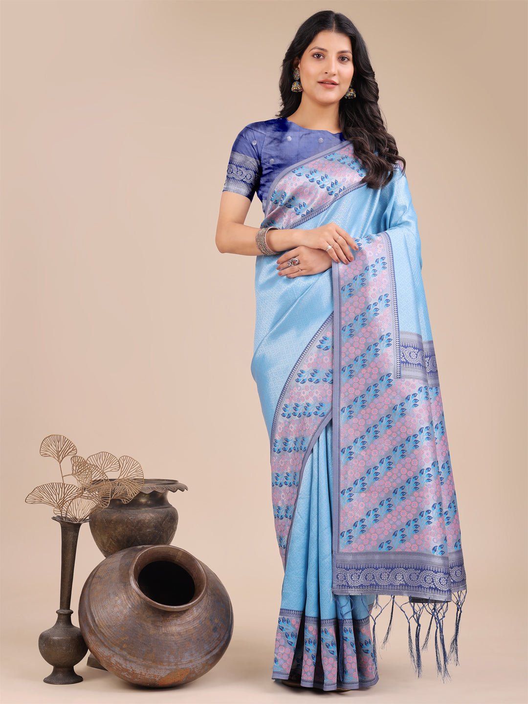 Astita Radiant Sky Blue Silk Saree with Pink & Blue Floral Pattern - Perfect for Weddings & Festive Glamour - Distacart