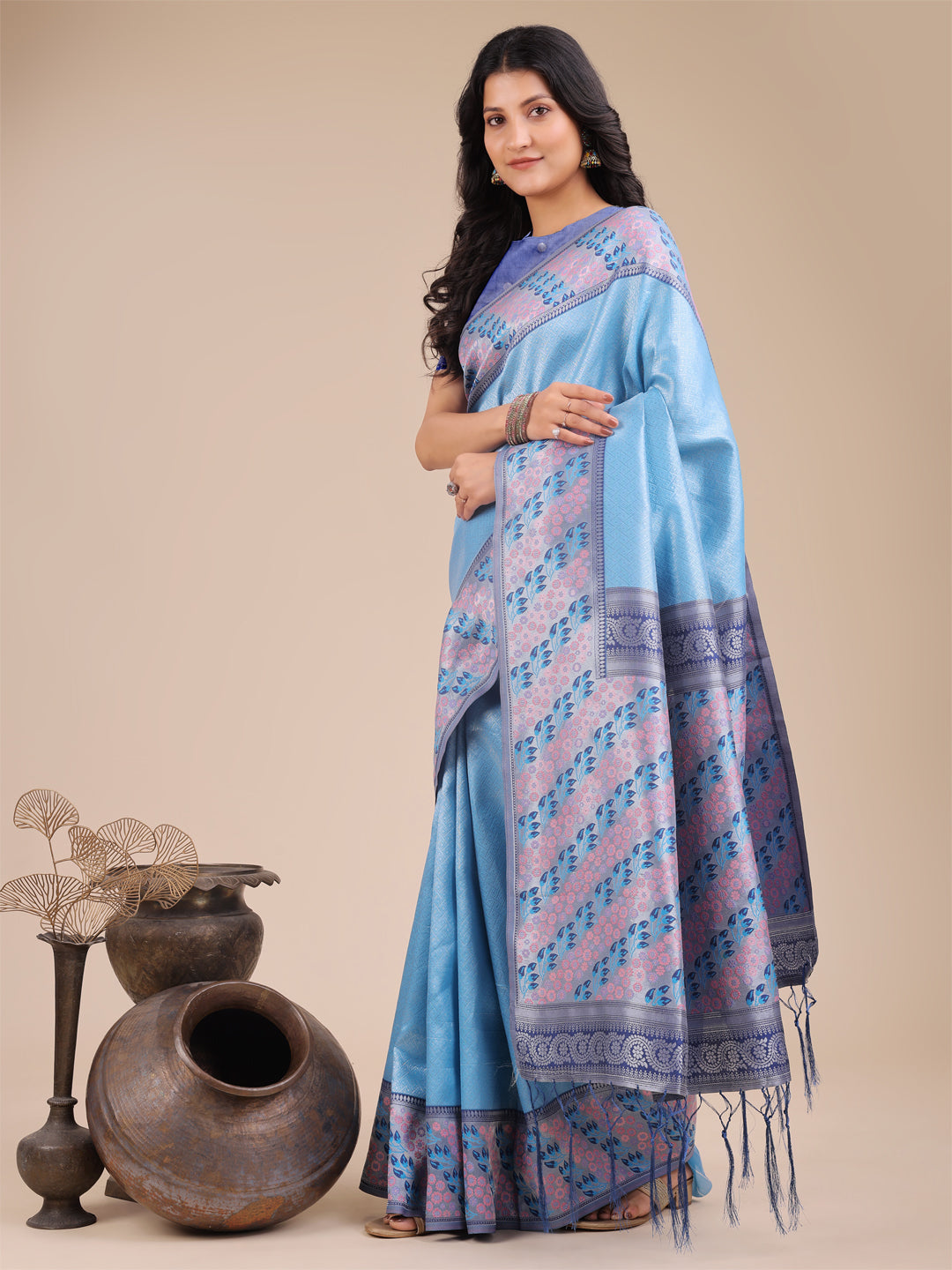 Astita Radiant Sky Blue Silk Saree with Pink & Blue Floral Pattern - Perfect for Weddings & Festive Glamour - Distacart