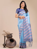 Thumbnail for Astita Radiant Sky Blue Silk Saree with Pink & Blue Floral Pattern - Perfect for Weddings & Festive Glamour - Distacart