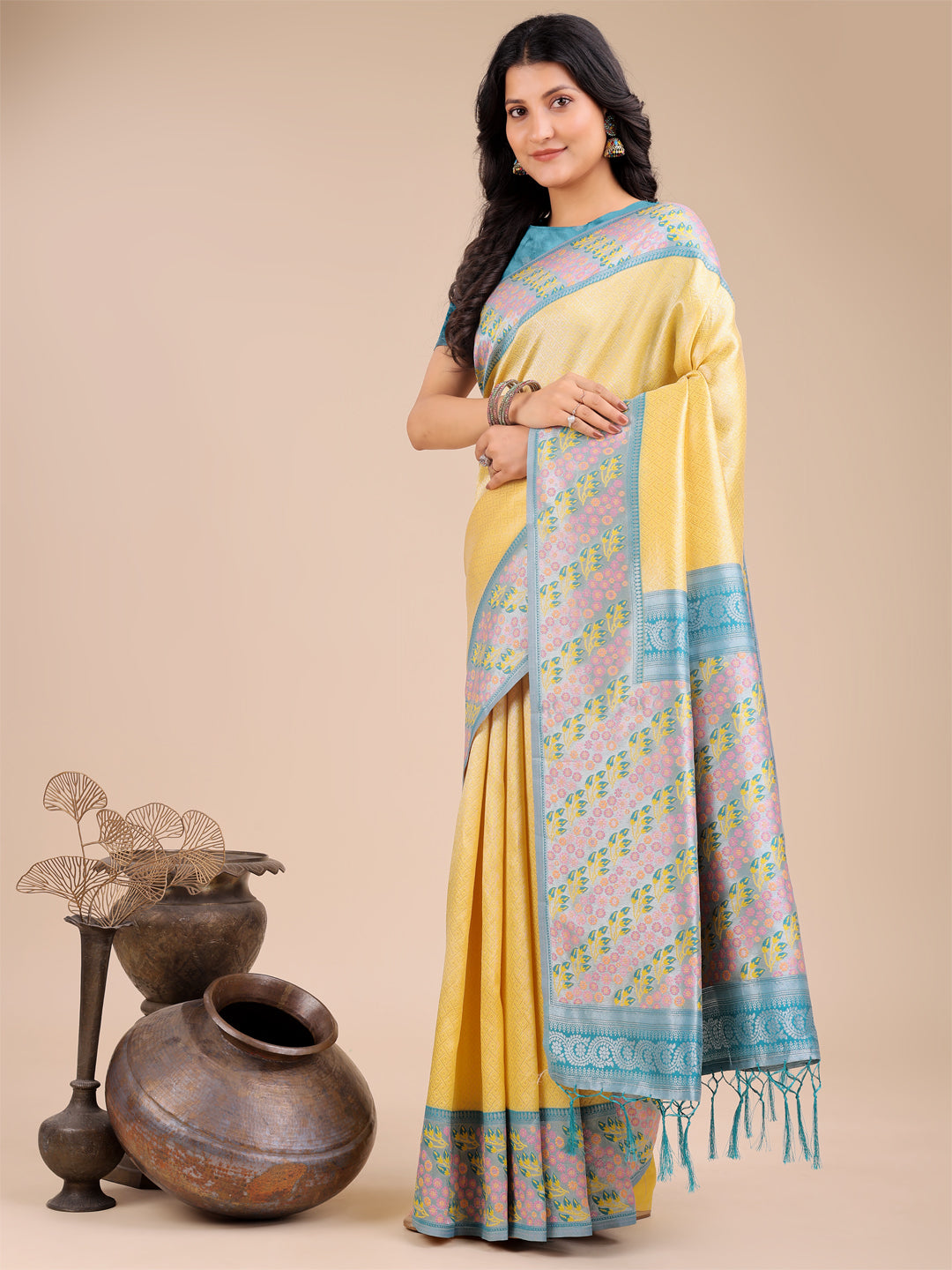 Astita Radiant Yellow Silk Saree with Pink & Blue Floral Pattern - Perfect for Weddings & Festive Glamour - Distacart