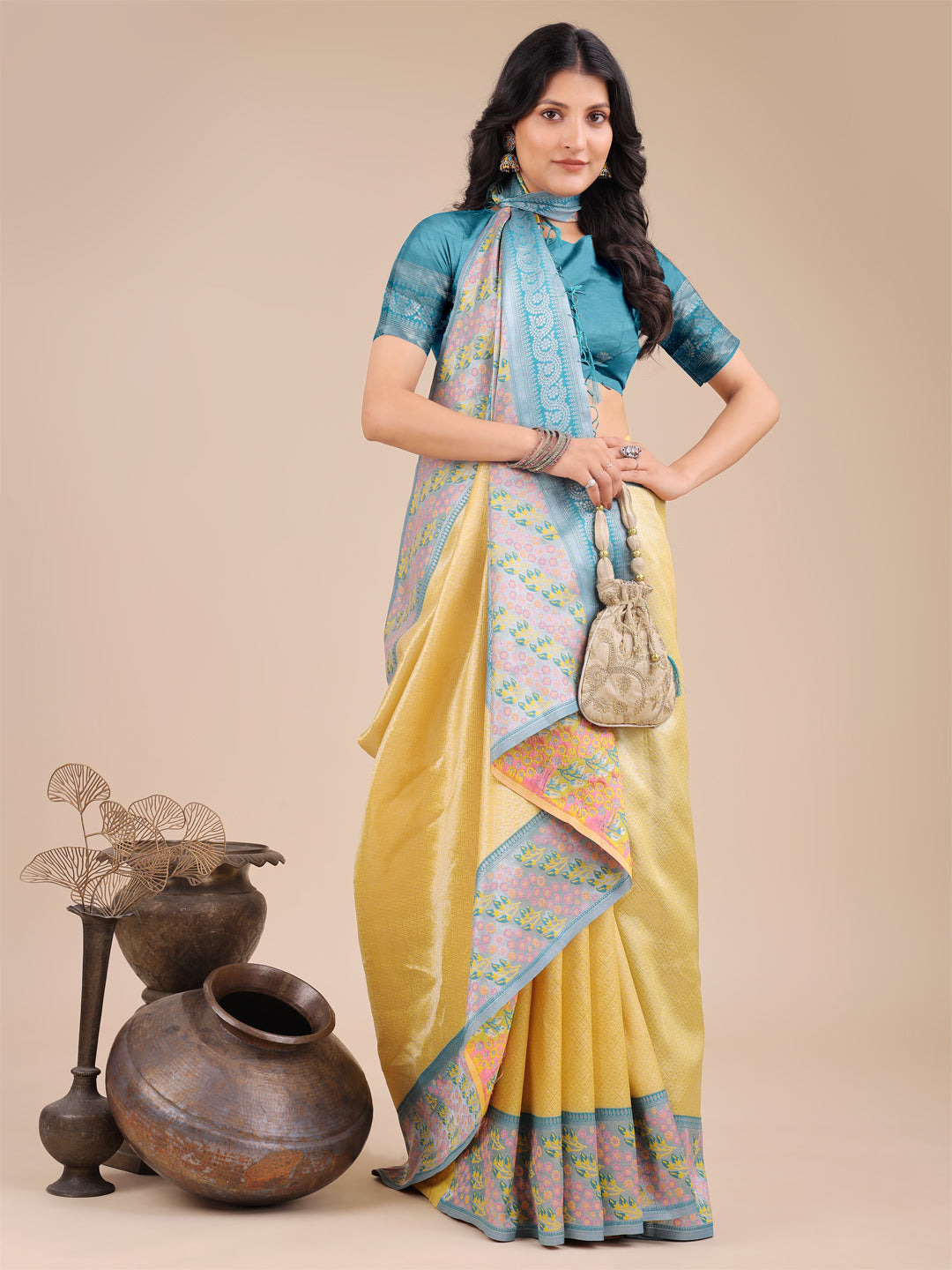 Astita Radiant Yellow Silk Saree with Pink & Blue Floral Pattern - Perfect for Weddings & Festive Glamour - Distacart