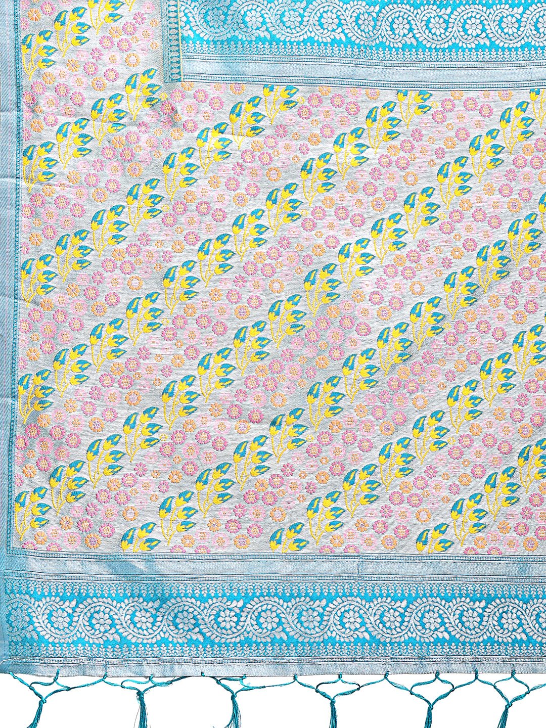 Astita Radiant Yellow Silk Saree with Pink & Blue Floral Pattern - Perfect for Weddings & Festive Glamour - Distacart