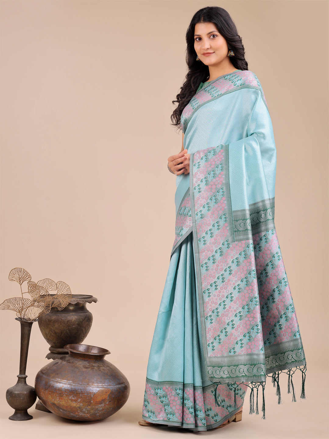 Astita Radiant Teal Silk Saree with Pink & Blue Floral Pattern - Perfect for Weddings & Festive Glamour - Distacart
