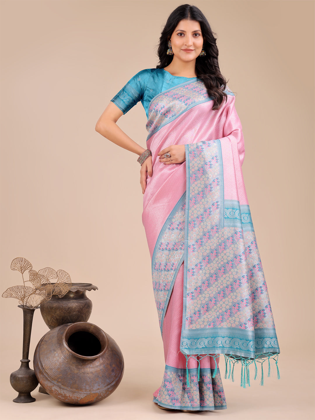Astita Radiant Light Pink Silk Saree with Pink & Blue Floral Pattern - Perfect for Weddings & Festive Glamour - Distacart