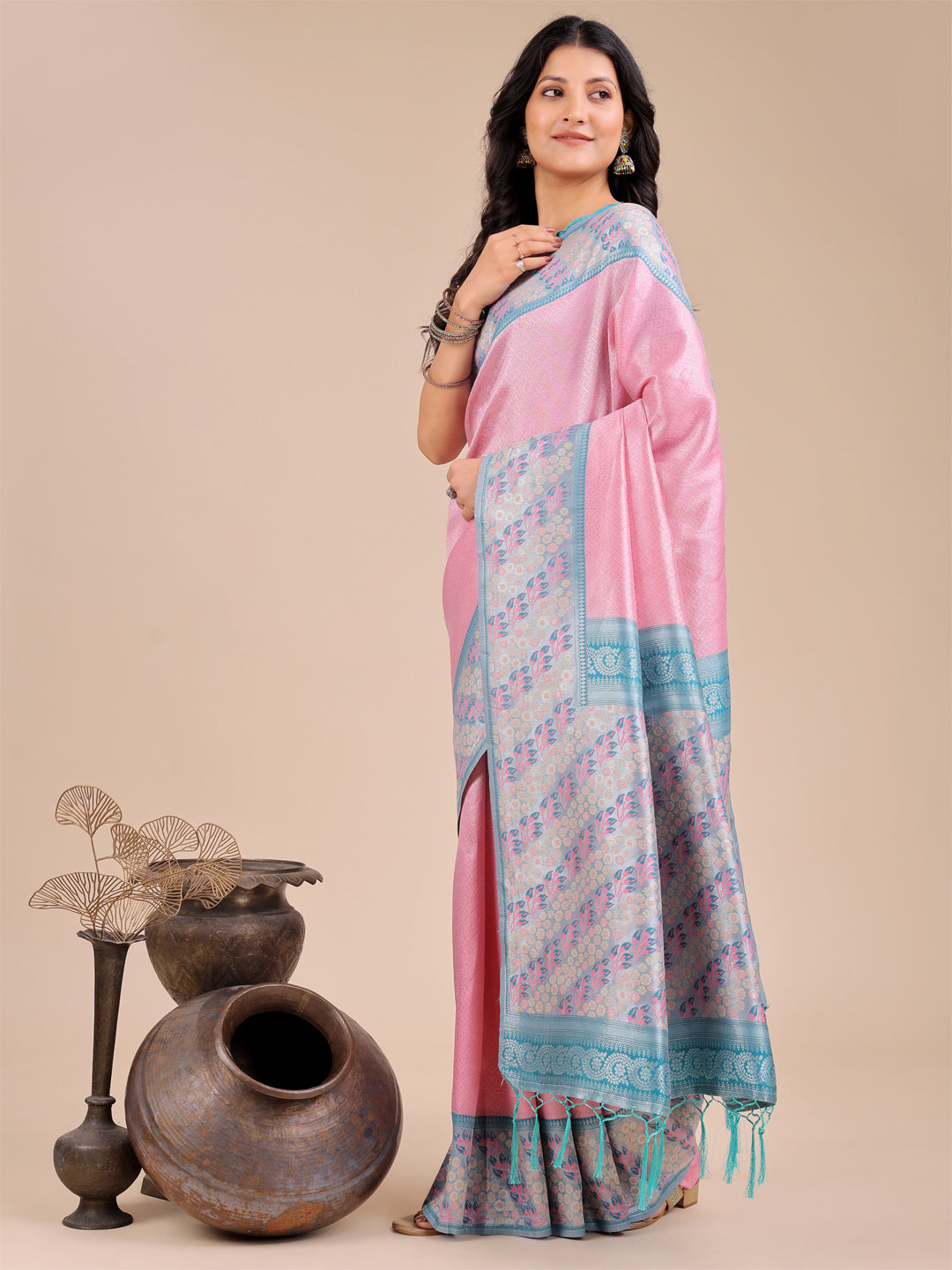 Astita Radiant Light Pink Silk Saree with Pink & Blue Floral Pattern - Perfect for Weddings & Festive Glamour - Distacart
