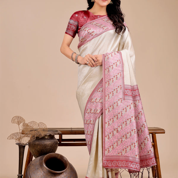 Astita Radiant Cream Silk Saree with Pink & Blue Floral Pattern - Perfect for Weddings & Festive Glamour - Distacart
