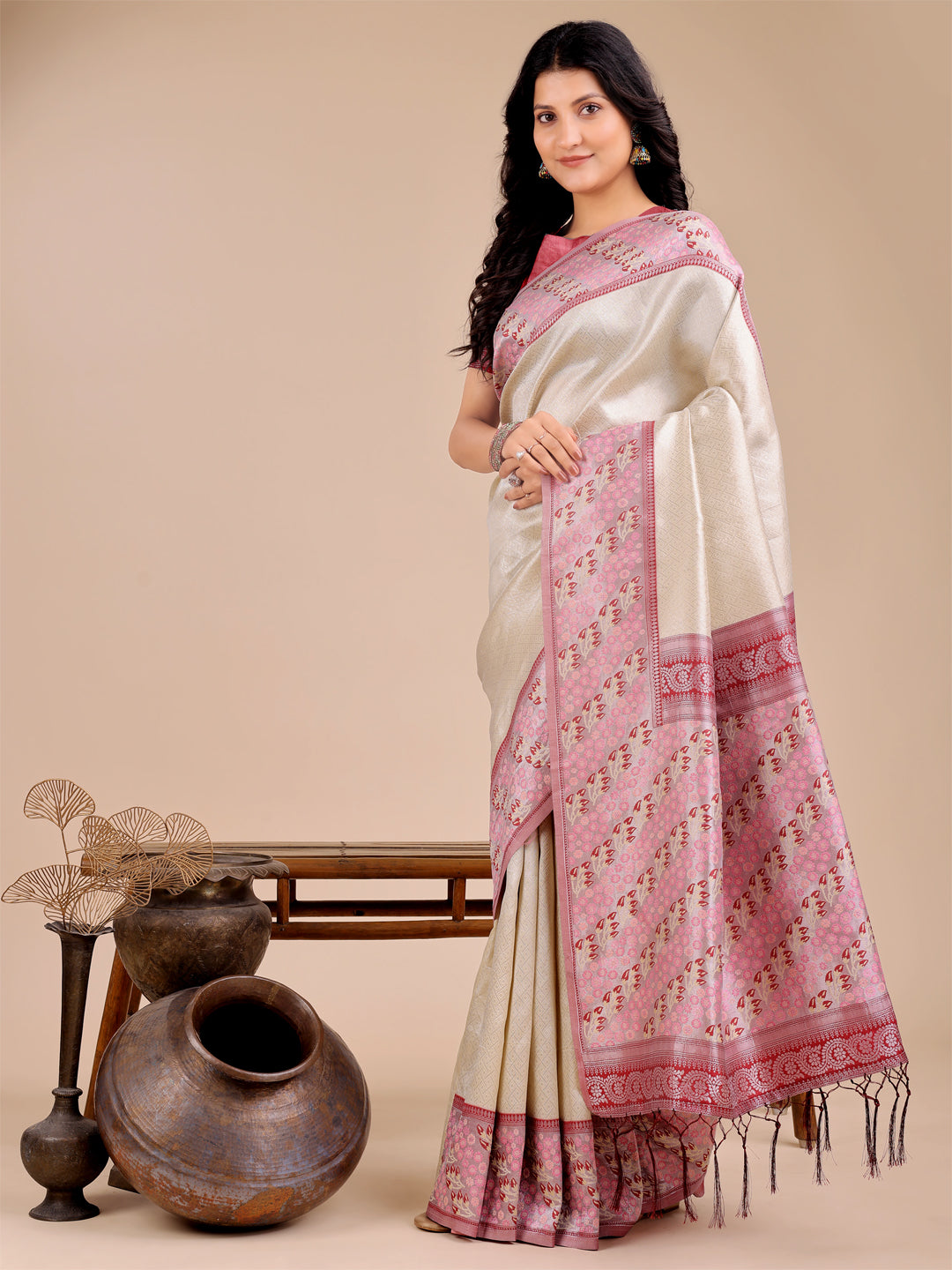 Astita Radiant Cream Silk Saree with Pink & Blue Floral Pattern - Perfect for Weddings & Festive Glamour - Distacart