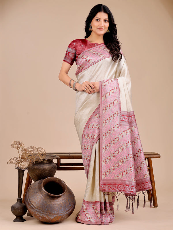 Astita Radiant Cream Silk Saree with Pink & Blue Floral Pattern - Perfect for Weddings & Festive Glamour