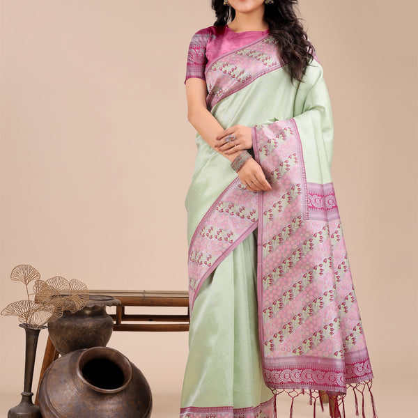 Astita Radiant Light Green Silk Saree with Pink & Blue Floral Pattern - Perfect for Weddings & Festive Glamour - Distacart