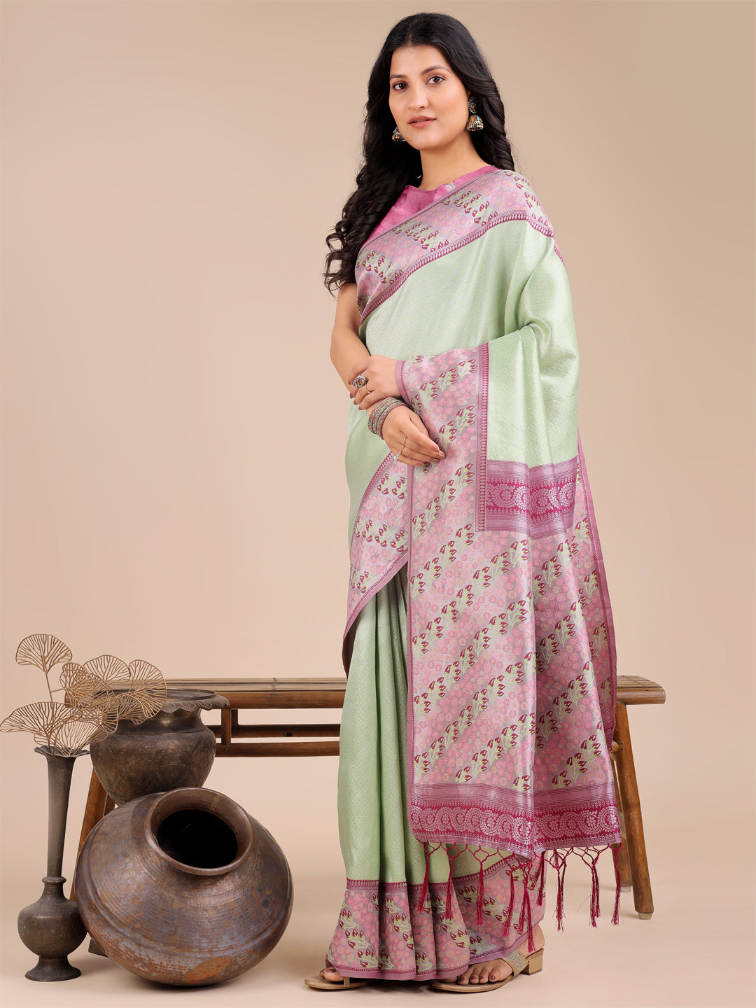 Astita Radiant Light Green Silk Saree with Pink & Blue Floral Pattern - Perfect for Weddings & Festive Glamour - Distacart