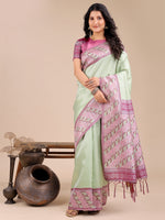 Thumbnail for Astita Radiant Light Green Silk Saree with Pink & Blue Floral Pattern - Perfect for Weddings & Festive Glamour - Distacart