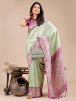 Thumbnail for Astita Radiant Light Green Silk Saree with Pink & Blue Floral Pattern - Perfect for Weddings & Festive Glamour - Distacart