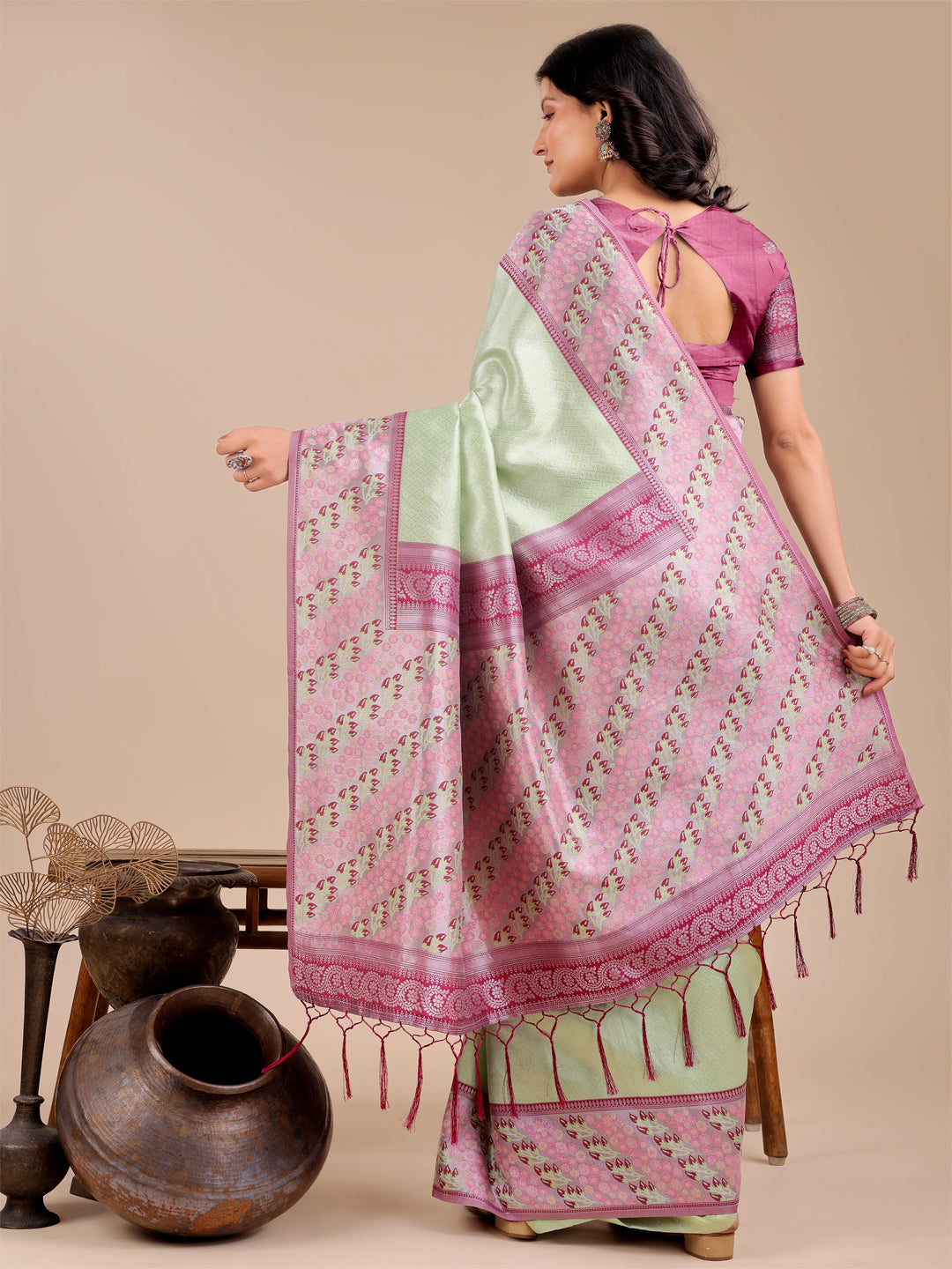 Astita Radiant Light Green Silk Saree with Pink & Blue Floral Pattern - Perfect for Weddings & Festive Glamour - Distacart