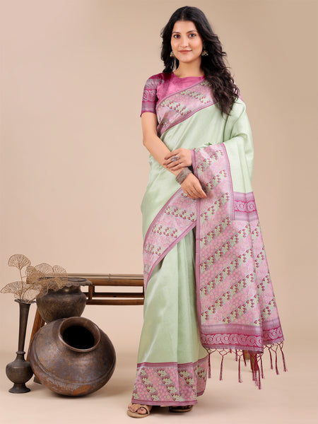 Astita Radiant Light Green Silk Saree with Pink & Blue Floral Pattern - Perfect for Weddings & Festive Glamour - Distacart