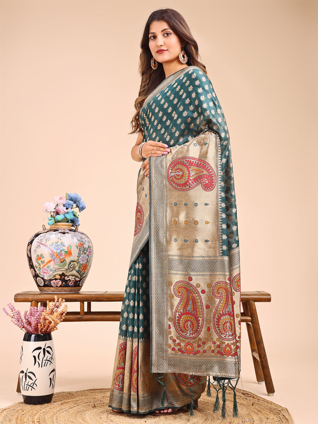 Astita Grace in Every Thread - Sea Green & Beige Linen Cotton Saree with Royal Paisley Charm - Distacart
