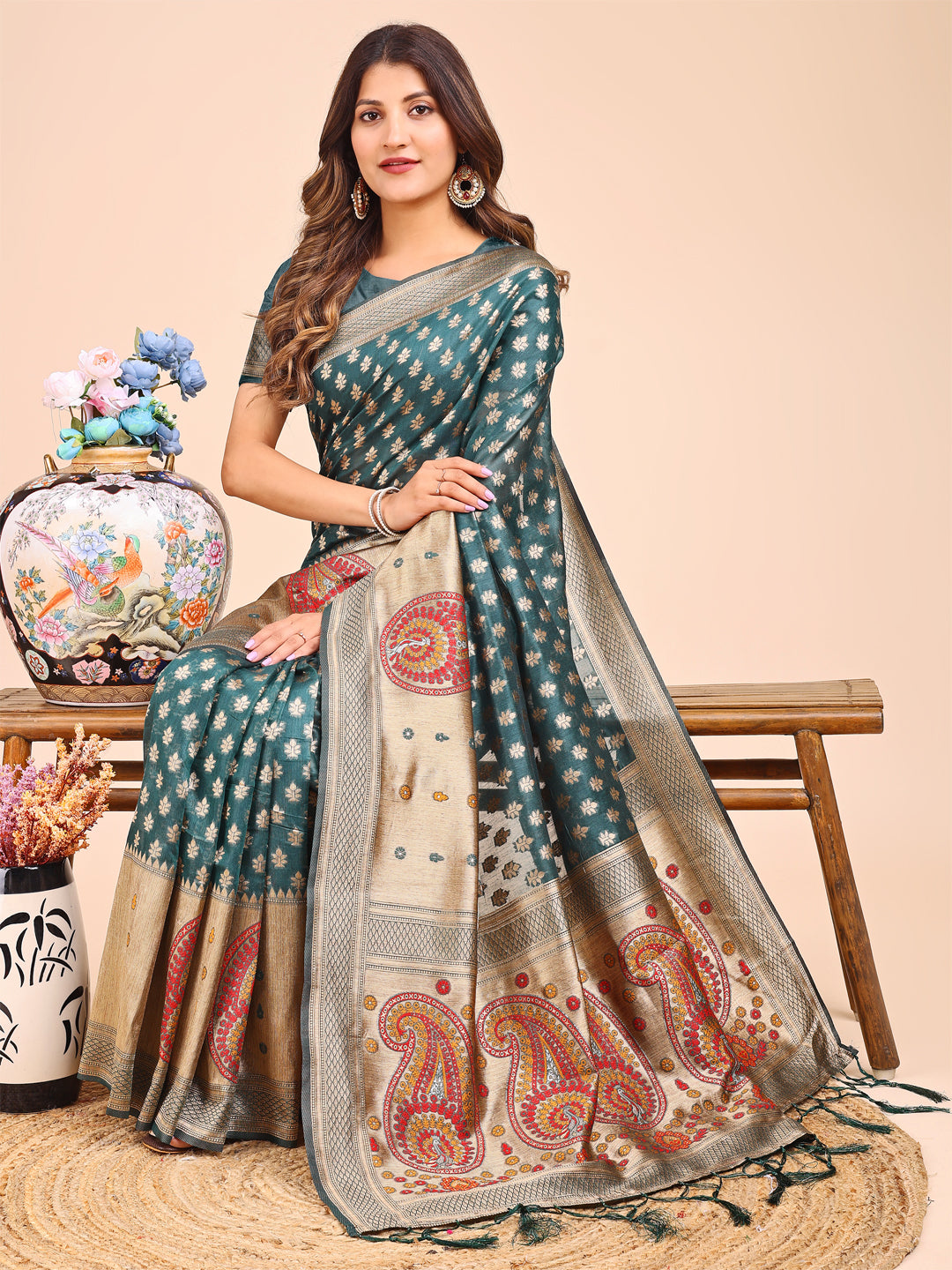 Astita Grace in Every Thread - Sea Green & Beige Linen Cotton Saree with Royal Paisley Charm - Distacart