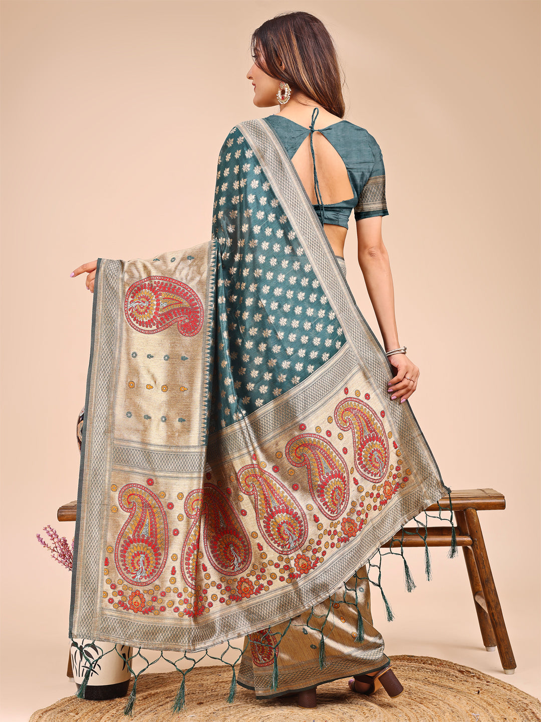 Astita Grace in Every Thread - Sea Green & Beige Linen Cotton Saree with Royal Paisley Charm - Distacart