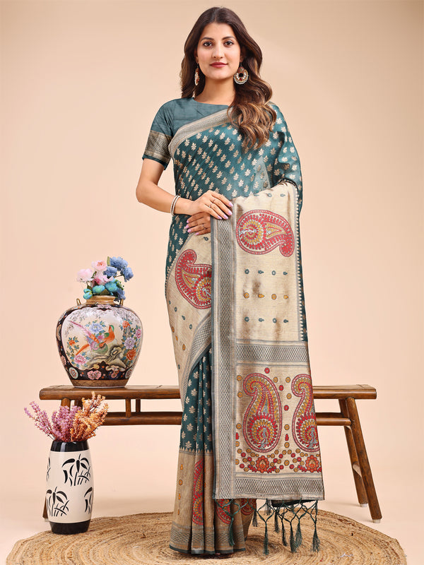 Astita Grace in Every Thread - Sea Green & Beige Linen Cotton Saree with Royal Paisley Charm - Distacart