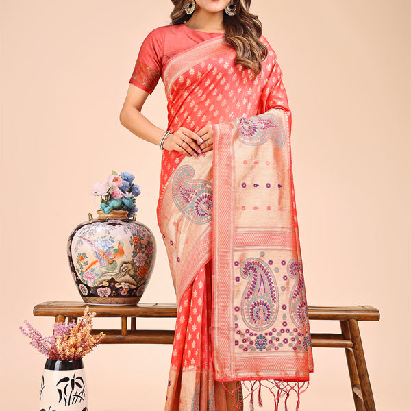 Astita Grace in Every Thread - Peach & Beige Linen Cotton Saree with Royal Paisley Charm - Distacart