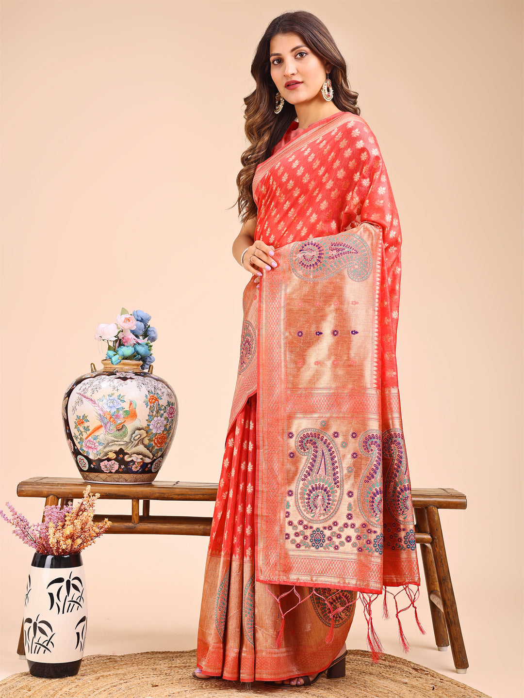 Astita Grace in Every Thread - Peach & Beige Linen Cotton Saree with Royal Paisley Charm - Distacart