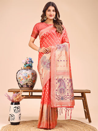 Astita Grace in Every Thread - Peach & Beige Linen Cotton Saree with Royal Paisley Charm - Distacart