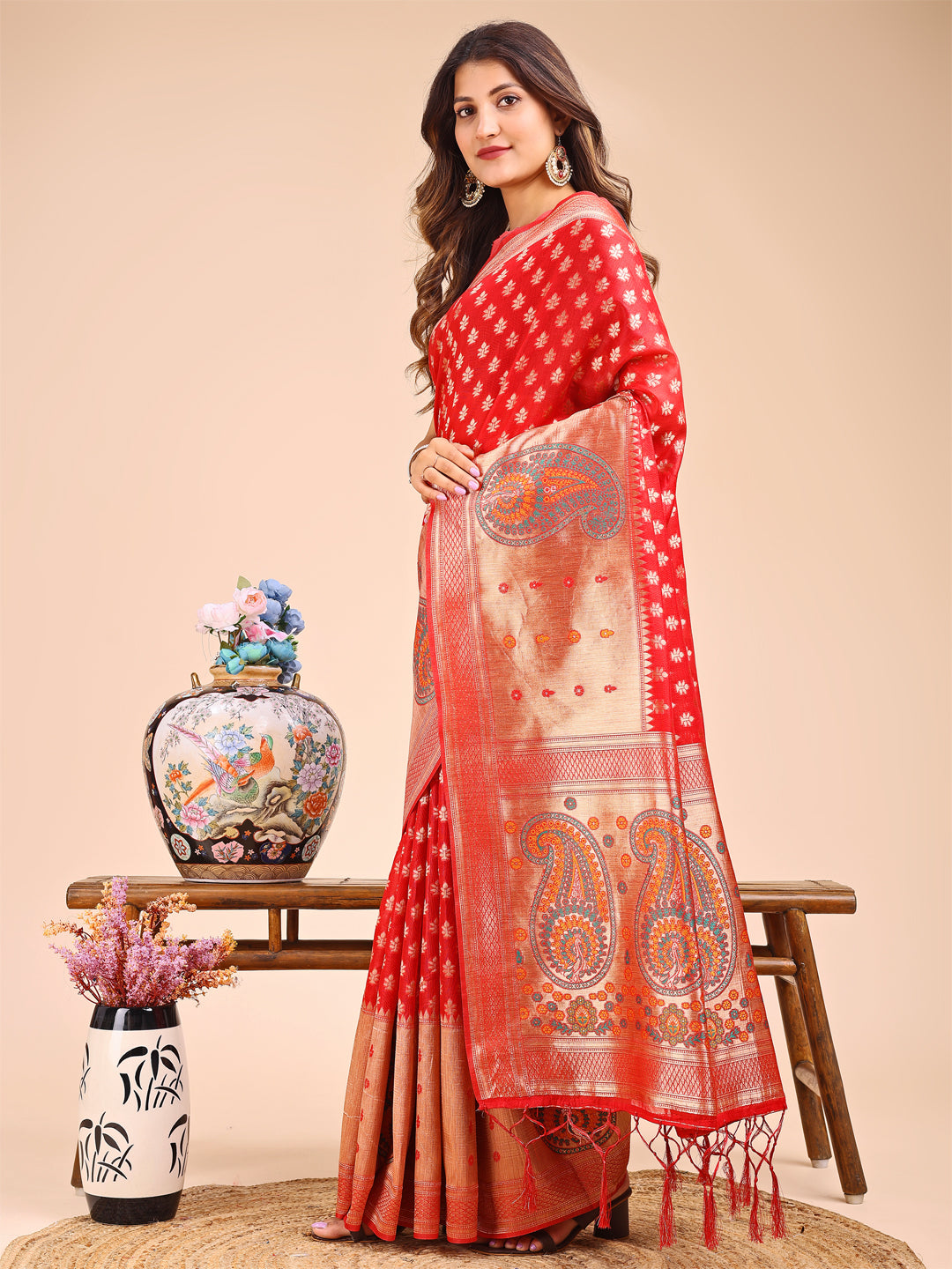 Astita Grace in Every Thread - Red & Beige Linen Cotton Saree with Royal Paisley Charm - Distacart