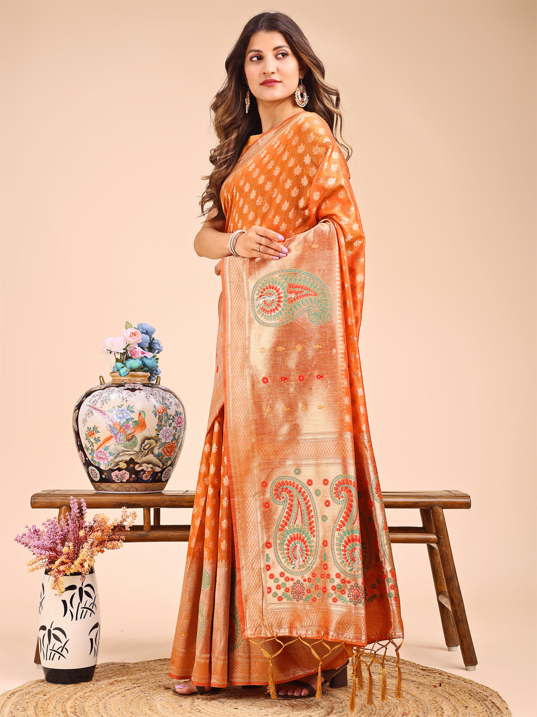 Astita Grace in Every Thread - Mustard & Beige Linen Cotton Saree with Royal Paisley Charm - Distacart