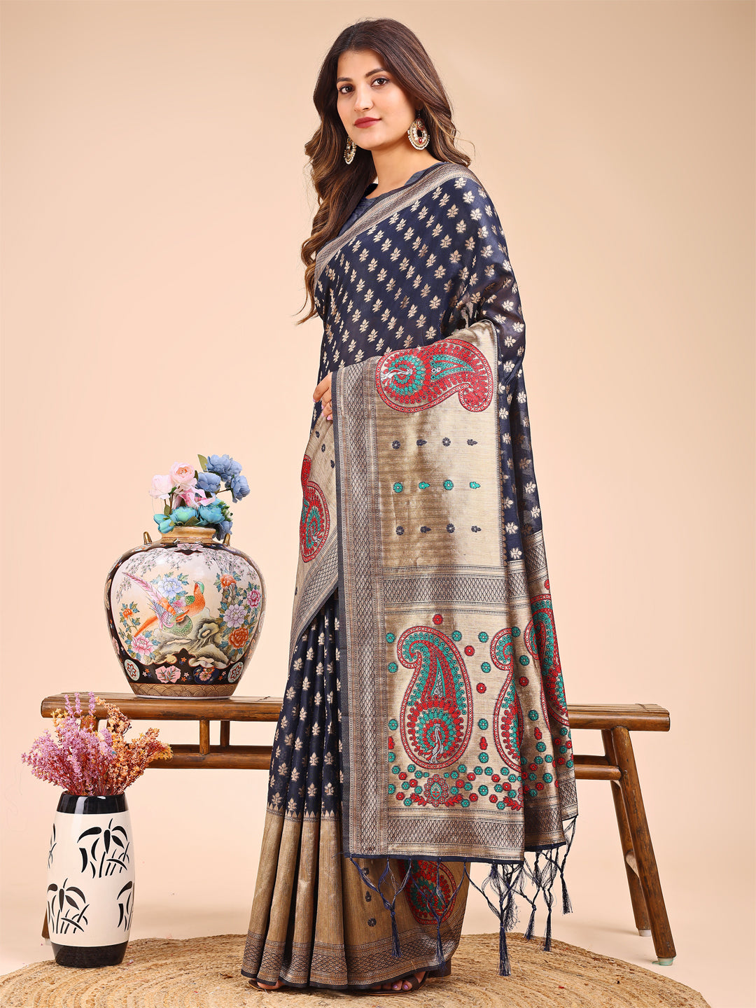 Astita Grace in Every Thread - Navy Blue & Beige Linen Cotton Saree with Royal Paisley Charm - Distacart