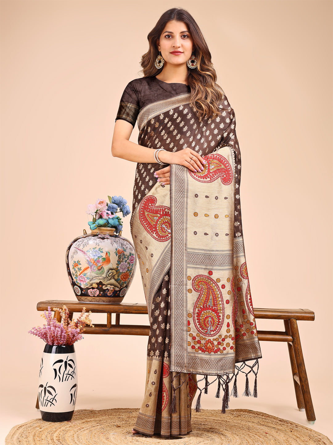 Astita Grace in Every Thread - Brown & Beige Linen Cotton Saree with Royal Paisley Charm - Distacart
