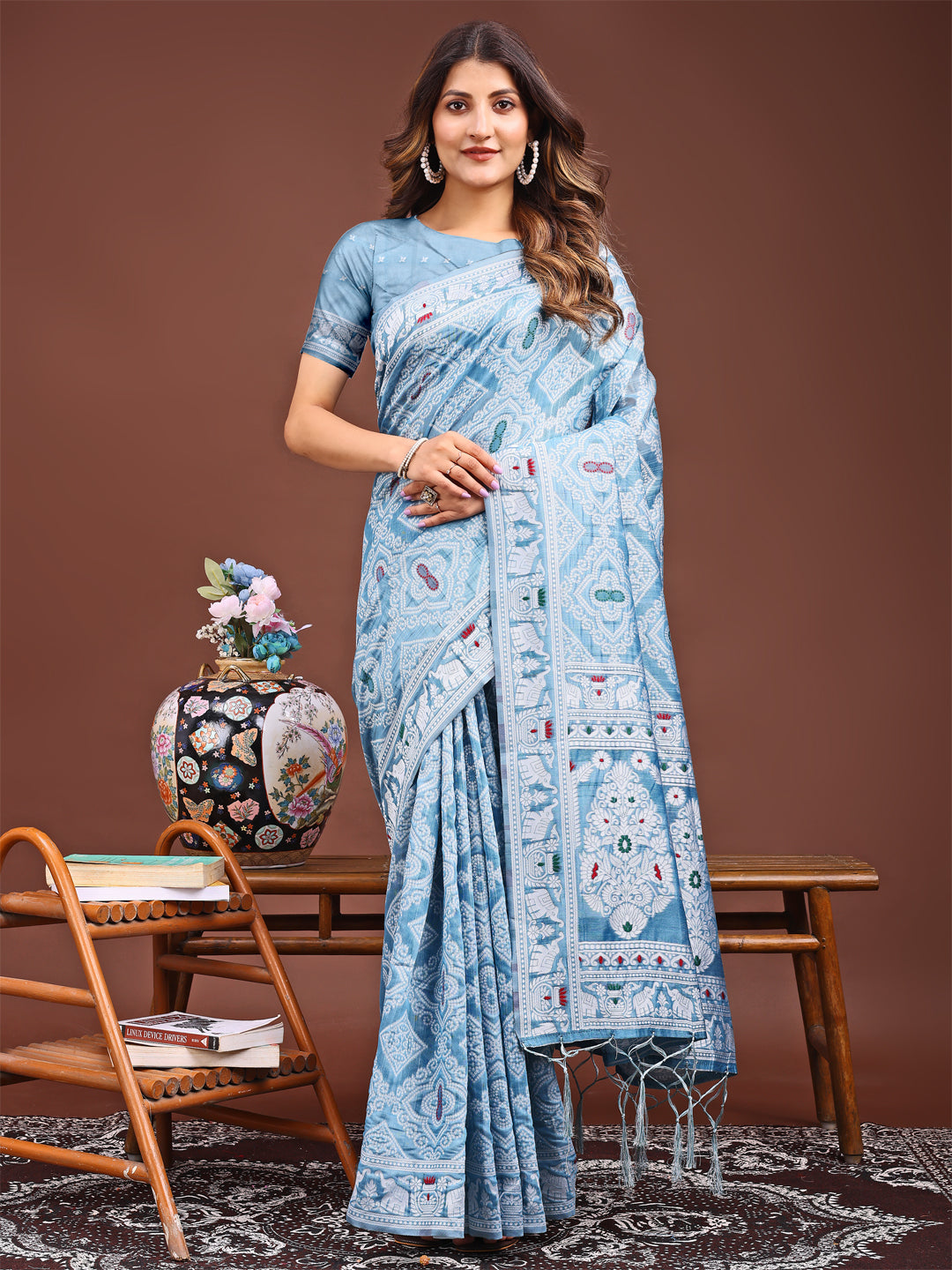 Astita Graceful Sky Blue Printed Saree - A Symphony of Culture and Feminine Charm - Distacart