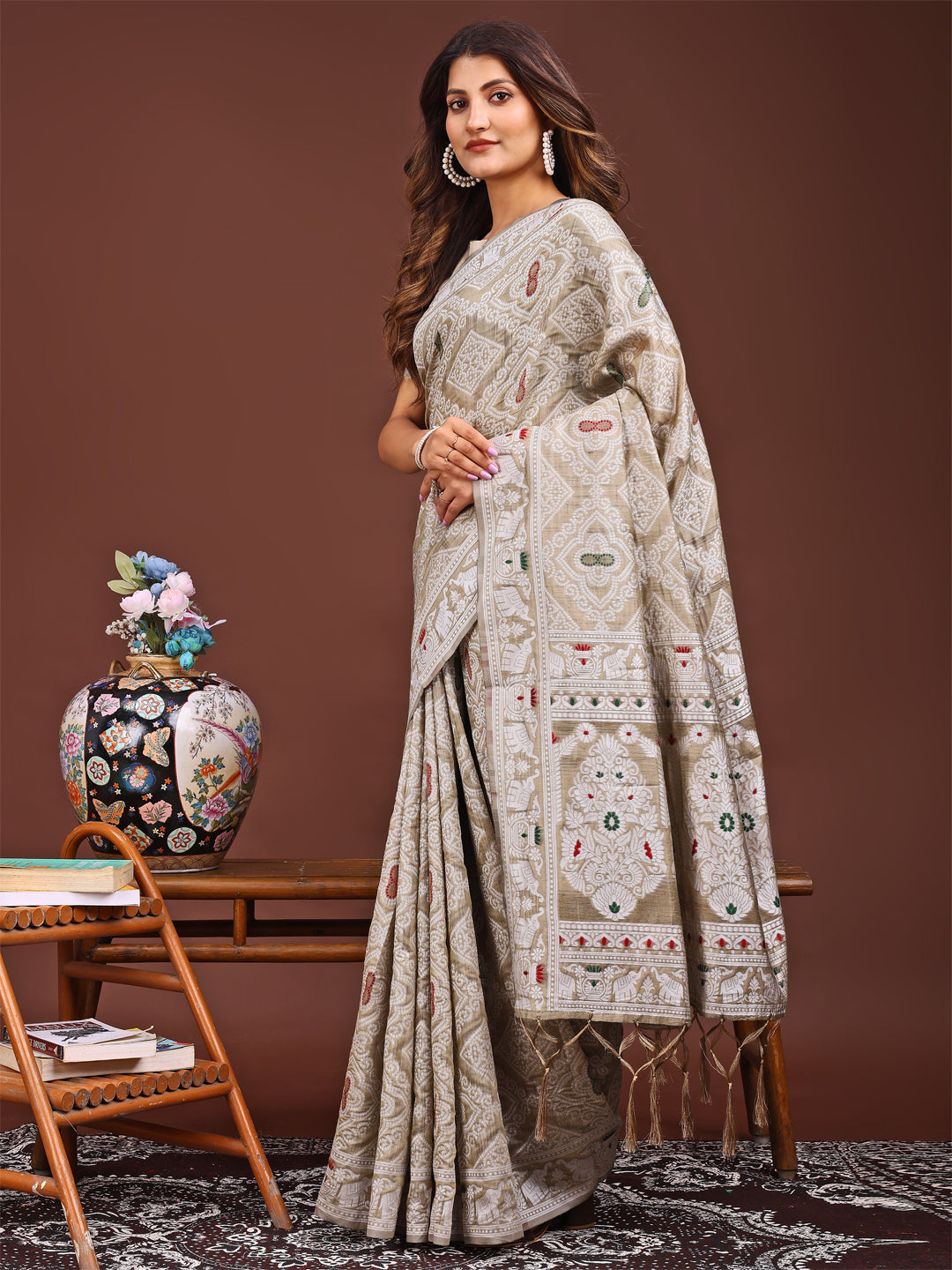 Astita Graceful Brown Printed Saree - A Symphony of Culture and Feminine Charm - Distacart