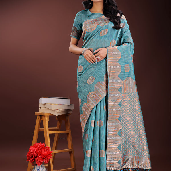 Astita Teal Blue Linen Cotton Saree with Woven Geometric Zari Motifs - Elegant Festive Wear for Women - Distacart