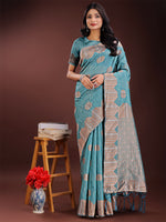 Thumbnail for Astita Teal Blue Linen Cotton Saree with Woven Geometric Zari Motifs - Elegant Festive Wear for Women - Distacart