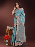 Thumbnail for Astita Teal Blue Linen Cotton Saree with Woven Geometric Zari Motifs - Elegant Festive Wear for Women - Distacart