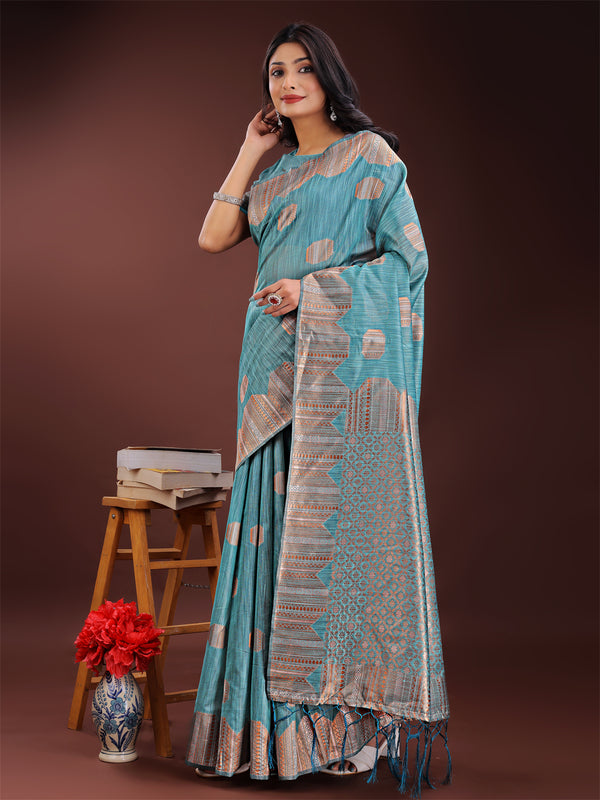 Astita Teal Blue Linen Cotton Saree with Woven Geometric Zari Motifs - Elegant Festive Wear for Women - Distacart