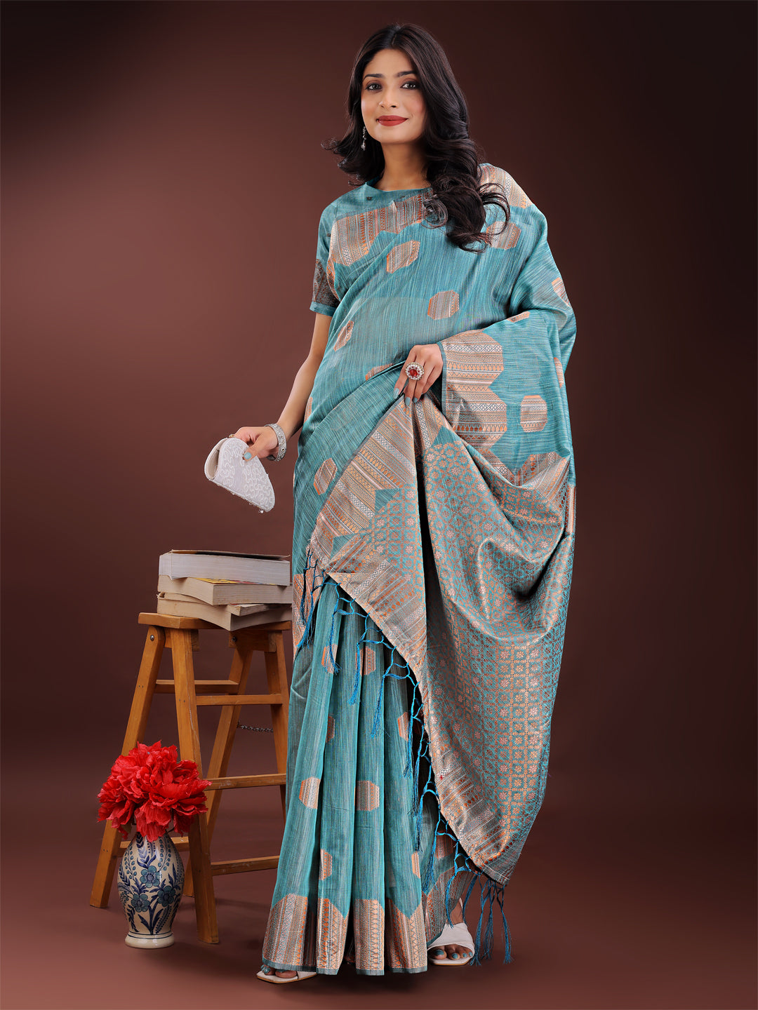 Astita Teal Blue Linen Cotton Saree with Woven Geometric Zari Motifs - Elegant Festive Wear for Women - Distacart
