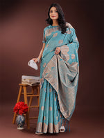 Thumbnail for Astita Teal Blue Linen Cotton Saree with Woven Geometric Zari Motifs - Elegant Festive Wear for Women - Distacart