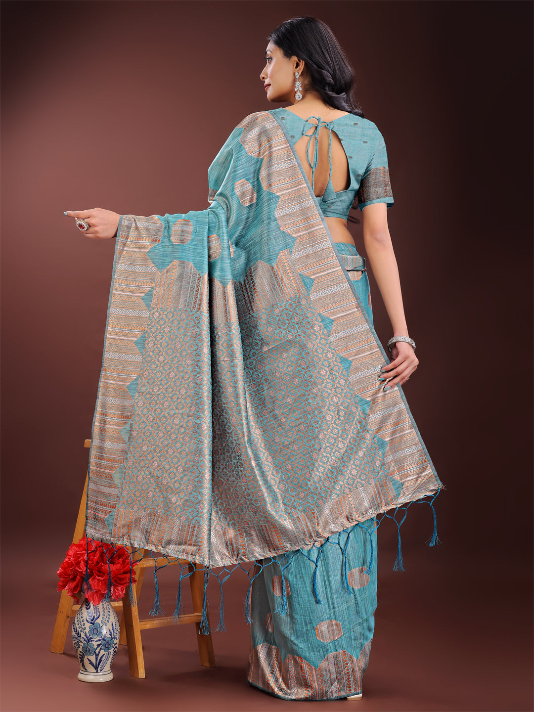 Astita Teal Blue Linen Cotton Saree with Woven Geometric Zari Motifs - Elegant Festive Wear for Women - Distacart