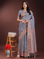 Thumbnail for Astita Grey Linen Cotton Saree with Woven Geometric Zari Motifs - Elegant Festive Wear for Women - Distacart