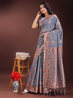 Thumbnail for Astita Grey Linen Cotton Saree with Woven Geometric Zari Motifs - Elegant Festive Wear for Women - Distacart