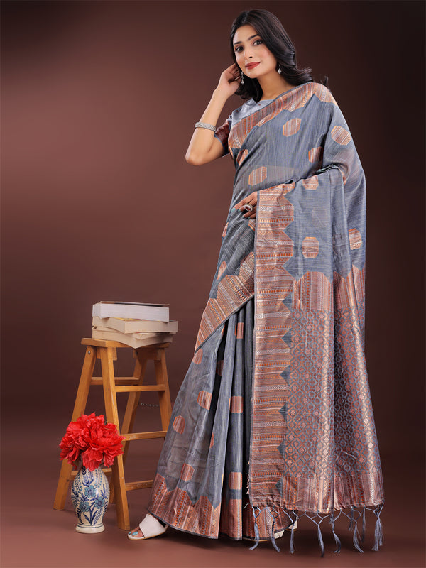 Astita Grey Linen Cotton Saree with Woven Geometric Zari Motifs - Elegant Festive Wear for Women - Distacart