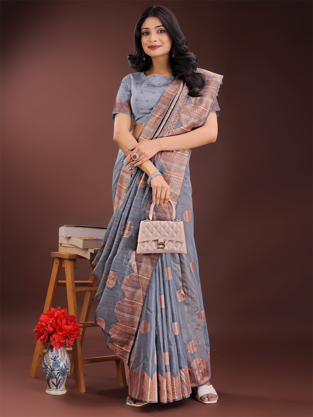 Astita Grey Linen Cotton Saree with Woven Geometric Zari Motifs - Elegant Festive Wear for Women - Distacart