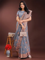 Thumbnail for Astita Grey Linen Cotton Saree with Woven Geometric Zari Motifs - Elegant Festive Wear for Women - Distacart
