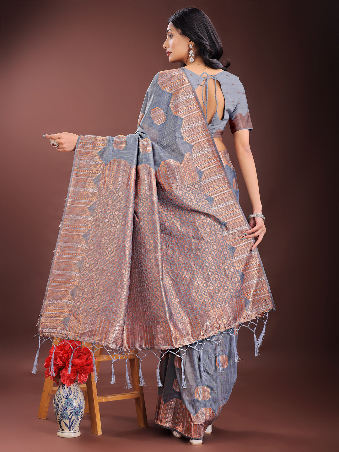 Astita Grey Linen Cotton Saree with Woven Geometric Zari Motifs - Elegant Festive Wear for Women - Distacart