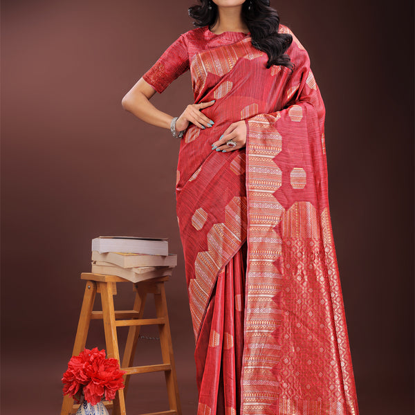 Astita Red Linen Cotton Saree with Woven Geometric Zari Motifs - Elegant Festive Wear for Women - Distacart