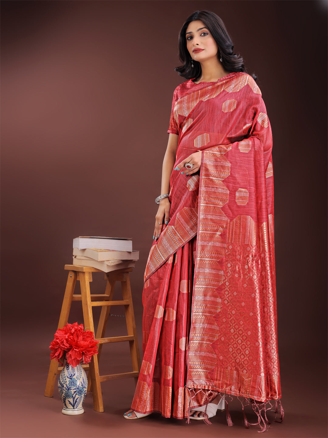 Astita Red Linen Cotton Saree with Woven Geometric Zari Motifs - Elegant Festive Wear for Women - Distacart