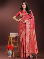 Thumbnail for Astita Red Linen Cotton Saree with Woven Geometric Zari Motifs - Elegant Festive Wear for Women - Distacart
