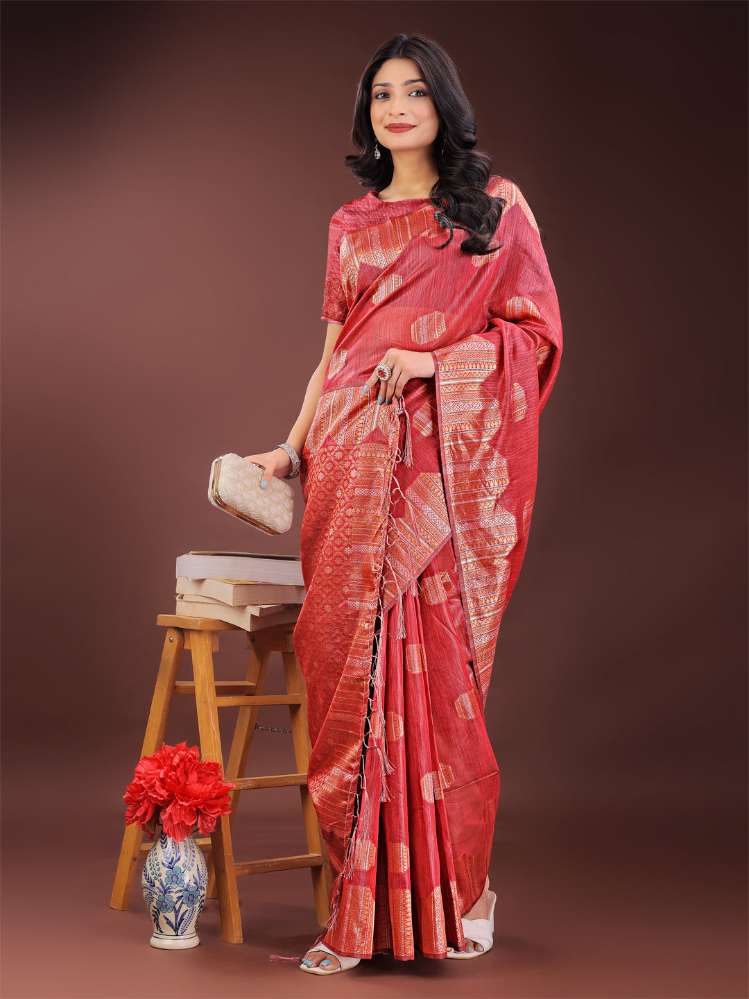 Astita Red Linen Cotton Saree with Woven Geometric Zari Motifs - Elegant Festive Wear for Women - Distacart